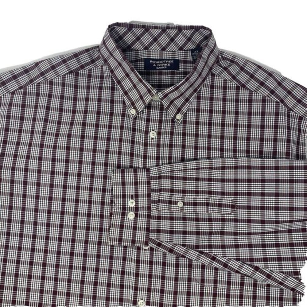 Roundtree‎ & Yorke Burgundy Plaid Cotton Blend Men's Long Sleeve Shirt Size XXL